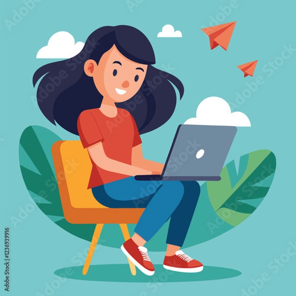 Fototapeta a girl is using his laptop vector