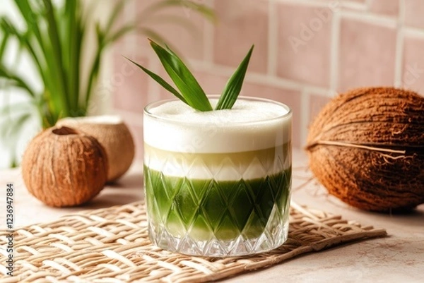 Obraz vibrant pandan coconut milk tea in a stylish cafe setting with pastel tones and natural elements