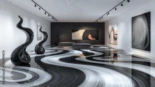 Fototapeta A modern-art-inspired living room with a floor design of swirling abstract patterns in black