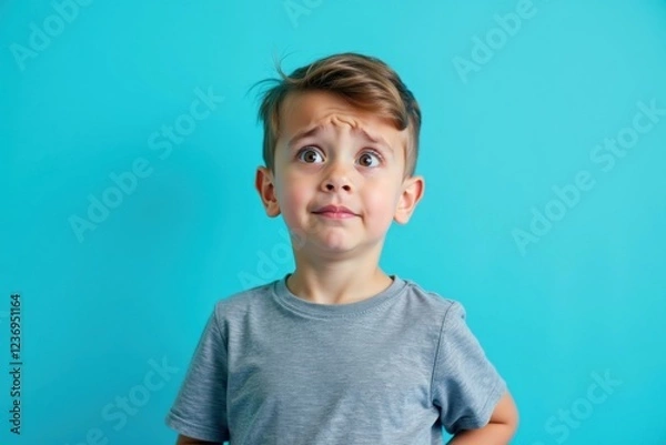 Fototapeta Boy is looking up at something with surprised look on his face