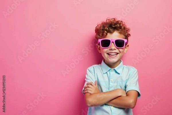 Fototapeta Little boy is wearing sunglasses and smiling for camera