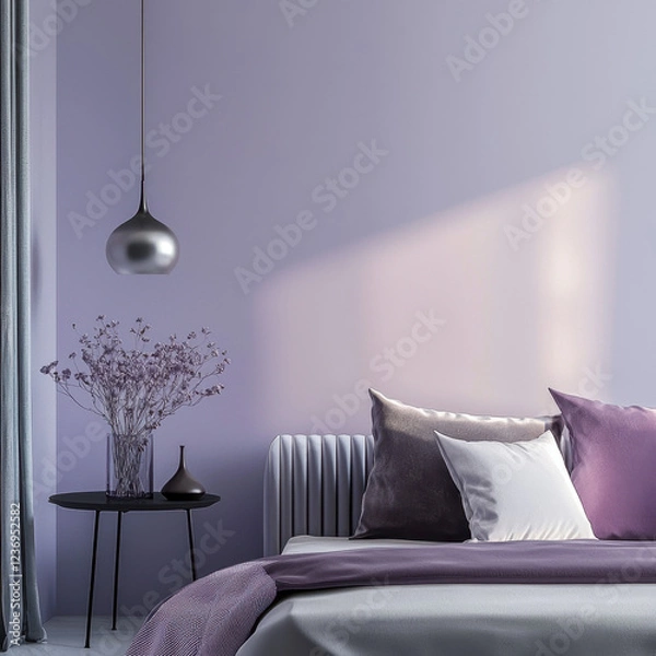 Fototapeta Modern bedroom with soft lavender hues and warm lighting