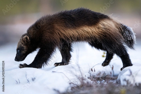 Obraz Wolverine walking on snow with forest background