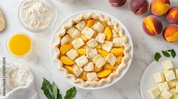 Fototapeta A white table is covered with a variety of ingredients needed to make a peach cobbler pie.