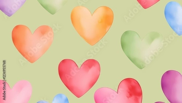 Fototapeta A pattern of watercolor hearts in shades of red, pink, orange, green, blue, and purple on a soft green background. The hearts are randomly arranged, creating a warm and artistic atmosphere.