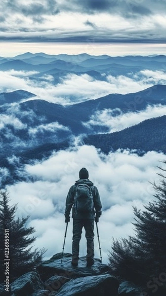 Fototapeta Hiker on mountain peak, overlooking cloudscape, sunrise, adventure travel.