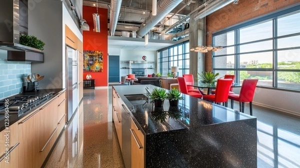 Fototapeta A photo of an open-concept kitchen with a sleek black granite island