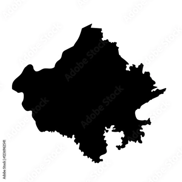 Fototapeta Hand drawn black map of Rajasthan, Indian state. Silhouette, geography. Vector isolated on white background	