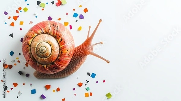 Fototapeta Vibrant Snail Shell Amidst Colorful Confetti: A Joyful Artistic Still Life
