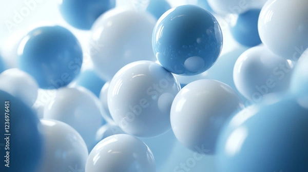 Fototapeta white bubbles in front of soft blue background with reflections 3d render illustration
