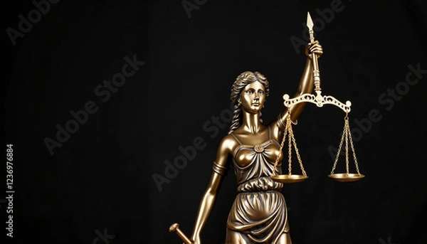 Fototapeta Bronze Lady Justice statue holding scales against dark background, fairness