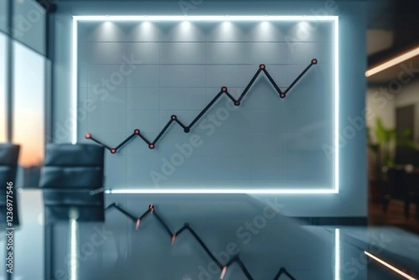 Fototapeta A clear whiteboard displays a black upward trend line, symbolizing business growth in a bright conference room setting