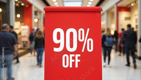 Fototapeta Red sale banner displaying 90% off in busy retail environment, shopping