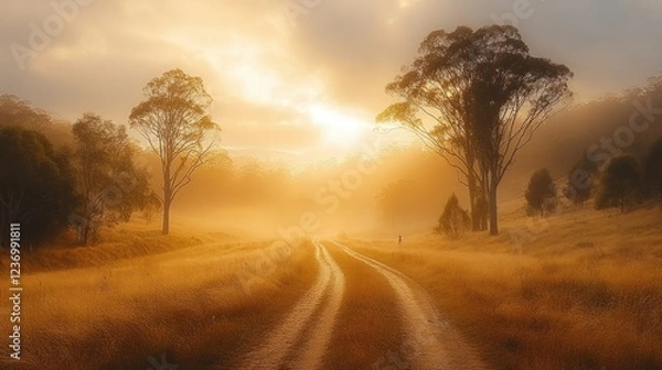 Obraz Golden Sunrise Path: A Misty Morning's Journey