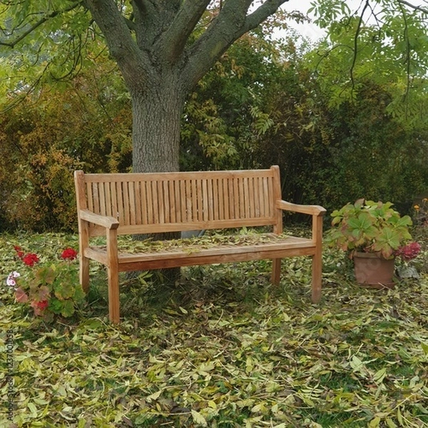 Fototapeta Wooden garden bench under an ash tree in autumn