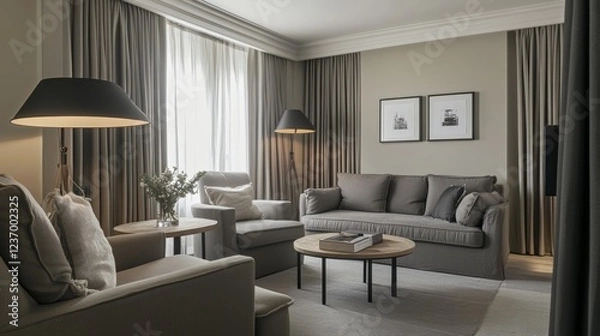 Fototapeta Cozy living room with gray furnishings, including a sofa, chairs, and a floor lamp. Small wooden table and decorative items in black and white add a touch of style.