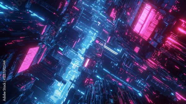 Fototapeta futuristic blue and pink neon light 3d render illustration with sci-fi cyber punk design