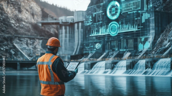 Fototapeta Worker Inspecting the Infrastructure of a Hydroelectric Dam, with Digital Graphs in the Background Illustrating the Economic Growth of Hydropower and Its Impact on Energy Pricing
