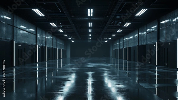 Fototapeta futuristic warehouse room dark mirror glossy 3d rendering illustration with concrete grunge floor dark abstract interior with lights shining downwards