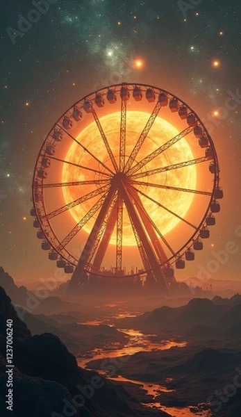 Fototapeta Mystical Ferris Wheel Under Glowing Celestial Sunlight