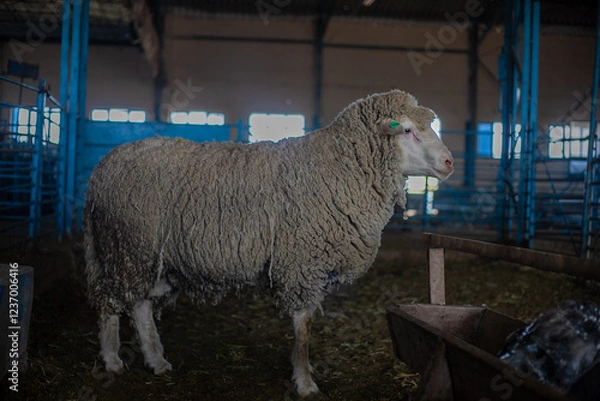 Fototapeta A big merino ram in a closed barn surrounded by an agricultural setting.