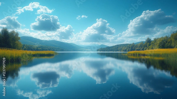 Fototapeta Tranquil lake with vibrant reflections and scenic mountain backdrop during the day