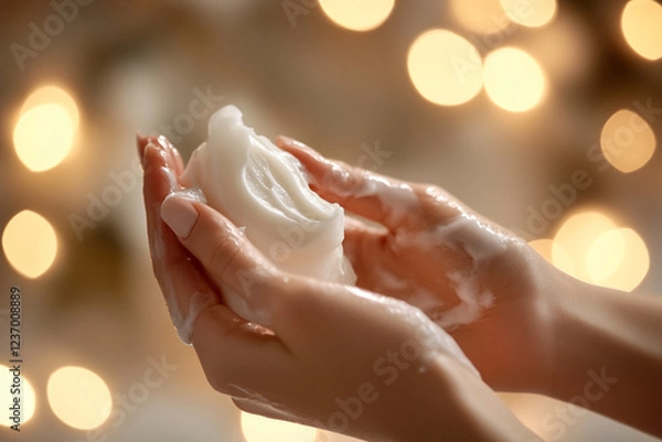 Fototapeta Hands gently holding a bar of soap while lathering in warm light