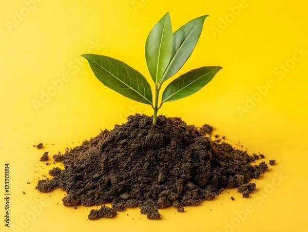Fototapeta A vibrant young plant grows from a mound of rich soil against a bright yellow background, symbolizing new beginnings, growth, and potential.
