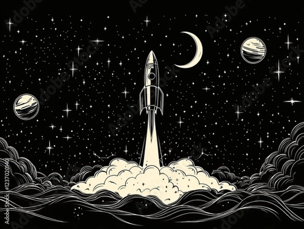 Fototapeta Rocket launch into space with stars, moon, and clouds in a black and white line art style.
