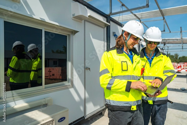 Fototapeta Two engineers in high visibility jackets discussing plans on a laptop at a modular construction site. A window reflection shows their teamwork and professionalism in site planning and management.