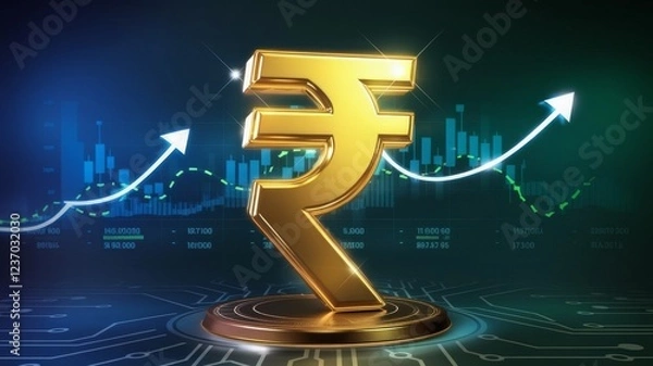 Fototapeta Indian Rupee Symbol with Floating Digital Growth Charts, Bar Graphs, and Circuit Patterns, Symbolizing India's Economic Growth, Fintech Advancements, Digital Transformation, and Financial Innovation.
