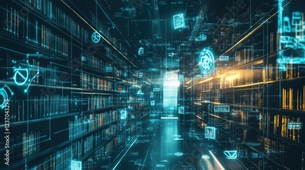 Fototapeta Digital Library Corridor Illuminated With Data Streams