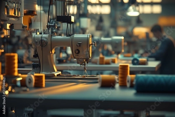 Fototapeta Industrial sewing machines in a factory setting with thread spools.