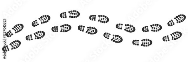 Obraz Black shoes prints footpath. Sneakers silhouettes path. Steps or footprints of walking person. Human steps traces. Vector illustration isolated on white background.
