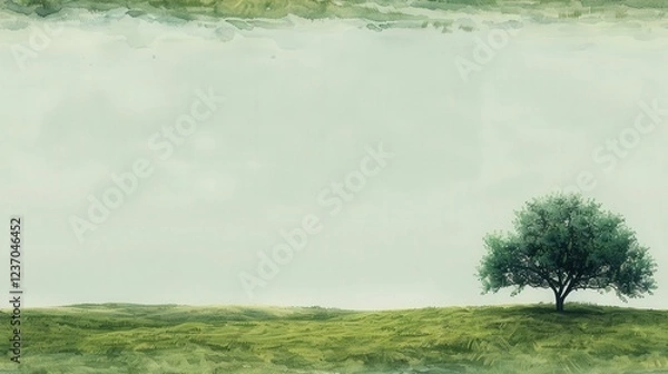 Fototapeta Minimalist Landscape Featuring a Lone Tree Under a Serene Pastel Green Sky With a Distant Horizon Creating a Calming Atmosphere
