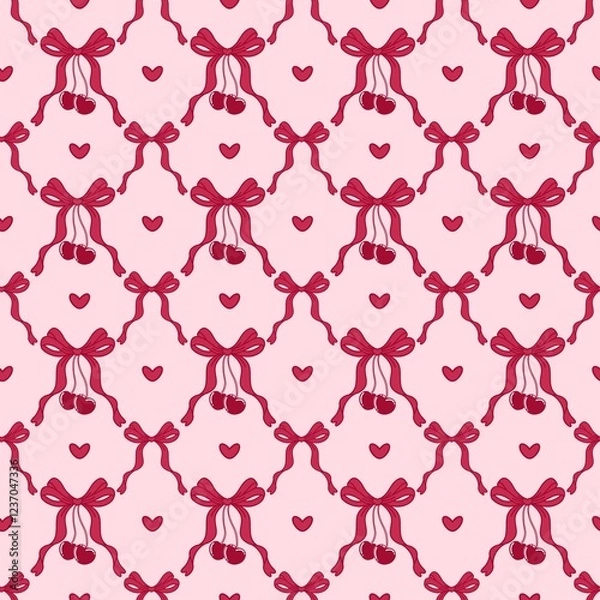 Fototapeta Coquette bow cherry seamless pattern.Valentines pattern,Cherry print, coquette aesthetic design. Ideal for fabric,scrapbooking,banner , card, wrapping paper.