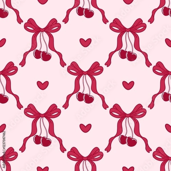 Fototapeta Coquette red bow cherry seamless pattern.Valentines pattern,Cherry print, coquette aesthetic design. Ideal for fabric,scrapbooking,banner , card, wrapping paper.