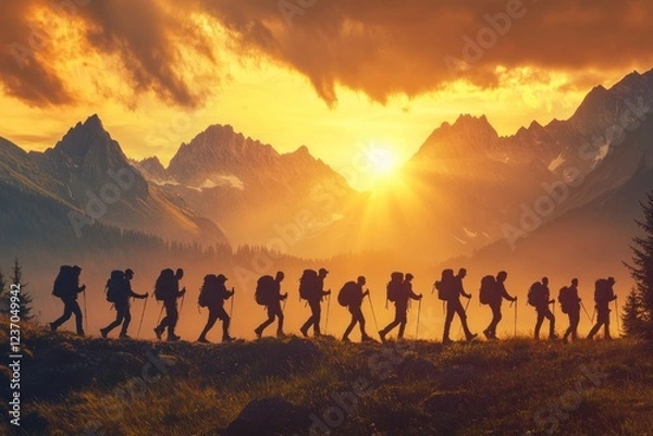 Fototapeta Silhouettes of hikers with backpacks against the backdrop of mountains at sunset. A group walks along an ancient path, climbing to high mountain peaks. 