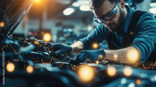 Fototapeta Automotive Technician Repairing a Vehicle with Digital Graphs in the Background Displaying Global Automotive Market Trends, Price Fluctuations, and Production Costs