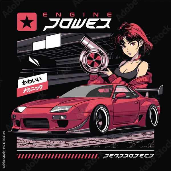 Fototapeta Cute girl mechanic car design illustration