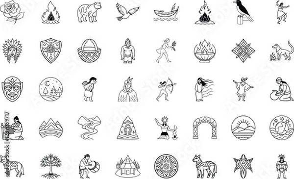 Fototapeta A collection of 40 minimalist line art illustrations depicting indigenous cultural elements animals, landscapes, people, and symbolic imagery. Black and white style.