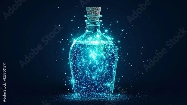 Fototapeta Dazzling glass bottle filled with sparkling blue liquid illuminated against a dark background. Generative AI