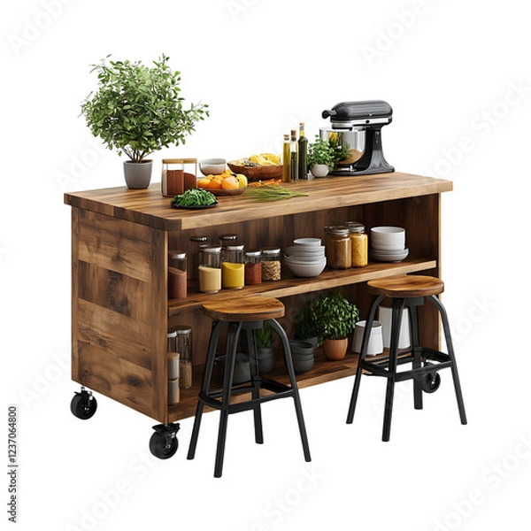 Obraz Multifunctional Kitchen Island with Bar Stools and Pots Isolated on Transparent Background