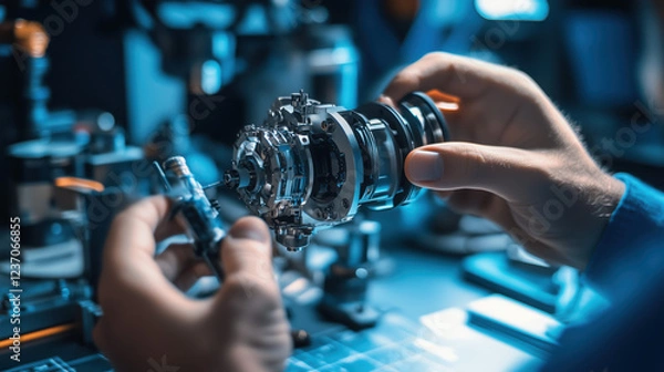 Fototapeta Inventor Presenting a Miniature Mechanical Device Model to Engineers in a Workshop with Technical Schematics and Design Blueprints in the Background