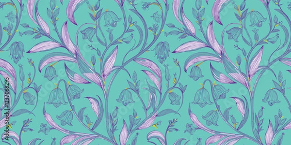 Fototapeta a floral pattern featuring stylized, red bell-shaped flowers and winding vines with leaves, all outlined in a golden hue against a black background. The pattern repeats seamlessly, creating a continuo