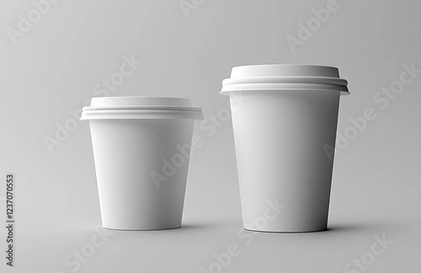 Fototapeta Two white disposable cups with lids on a grey background.