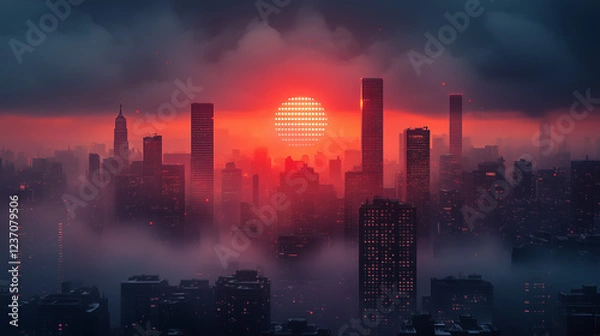 Fototapeta City skyline illuminated by a vibrant sunset casting dramatic shadows over buildings and clouds
