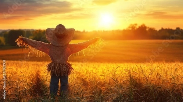 Fototapeta Scarecrow Stands in Golden Wheat Field at Sunset