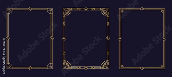 Fototapeta Set of thin linear frames in art deco style. Geometric gold ornaments for cards and invitations. Elegant retro design of border for flyer