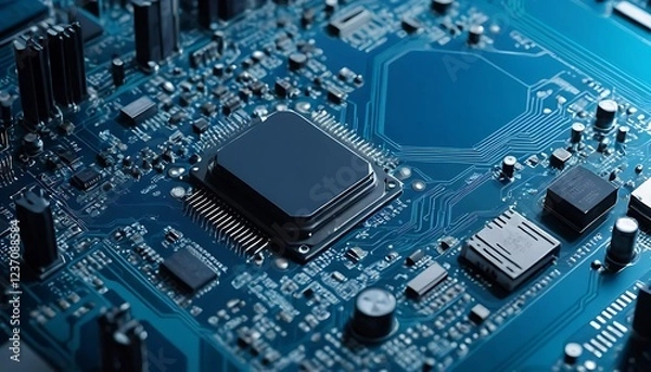 Fototapeta Circuit Board: Central Processor Detail in Deep Blue Tech Aesthetics